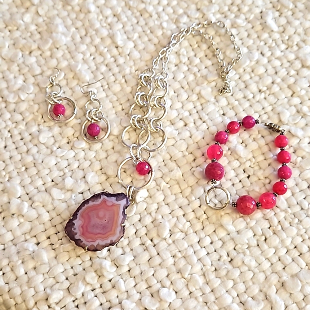 3pc Set Pink Agate Pendant on Raw Ruby Chain Necklace, Earrings & Bracelet